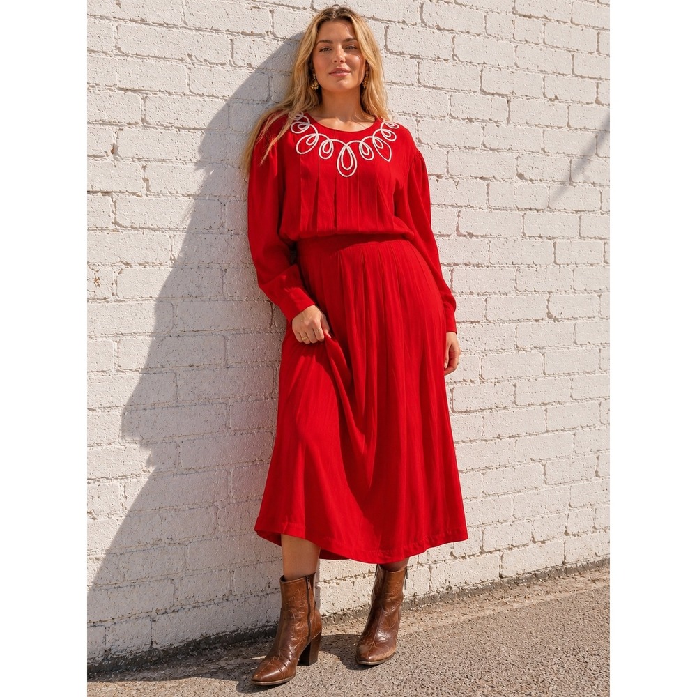Vintage KSL Red Rayon Pleated Midi Dress Embroidered Neck Plus Size 20W